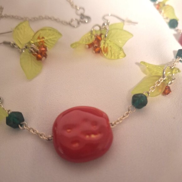 Artisan Kazuri Ceramic Bead Glass Crystal Acrylic Leaves Cherry Jewelry Set - Picture 2 of 6